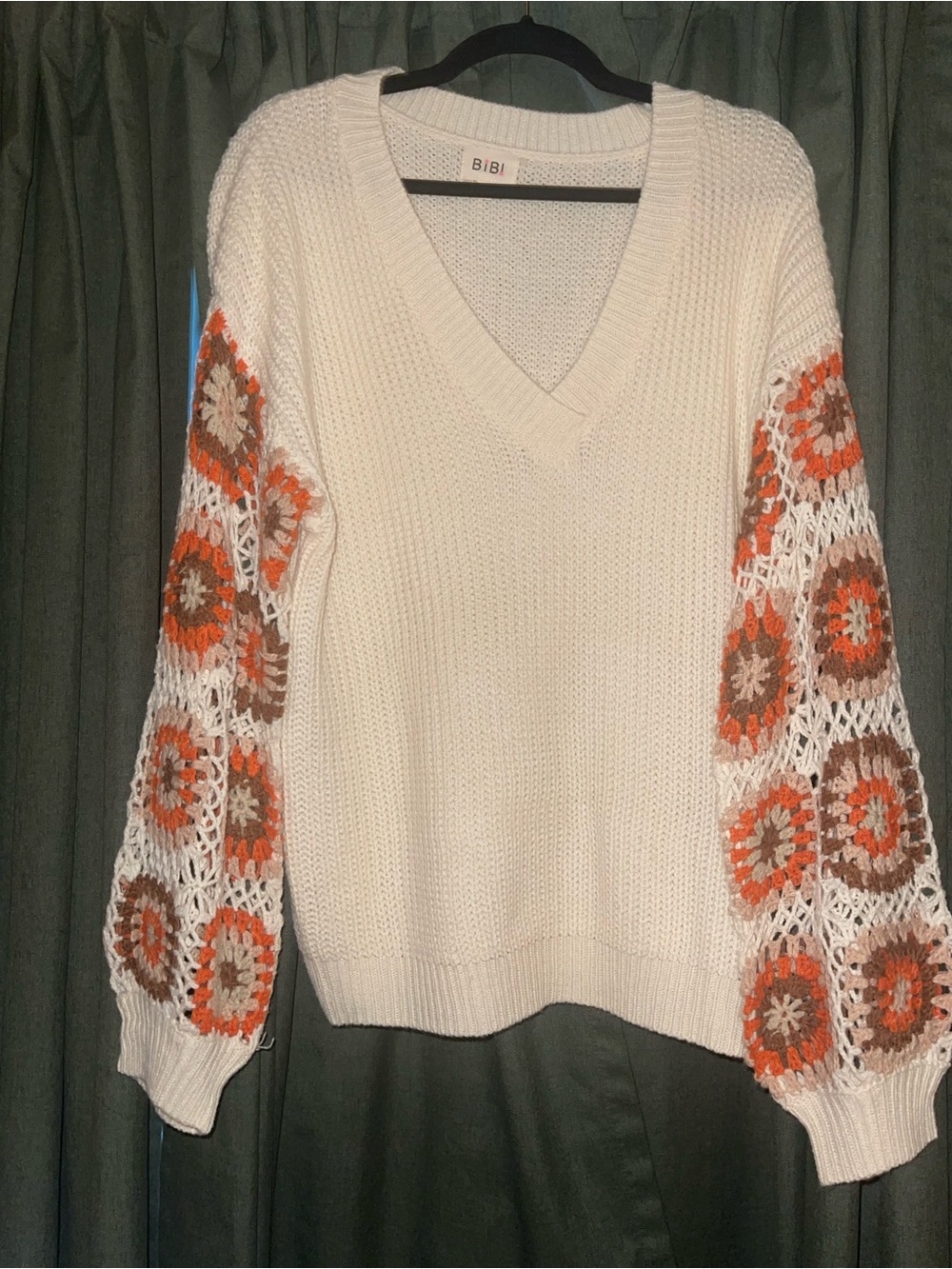 BiBi Cream V-Neck Sweater with Orange & Brown Crochet Sleeve Motifs